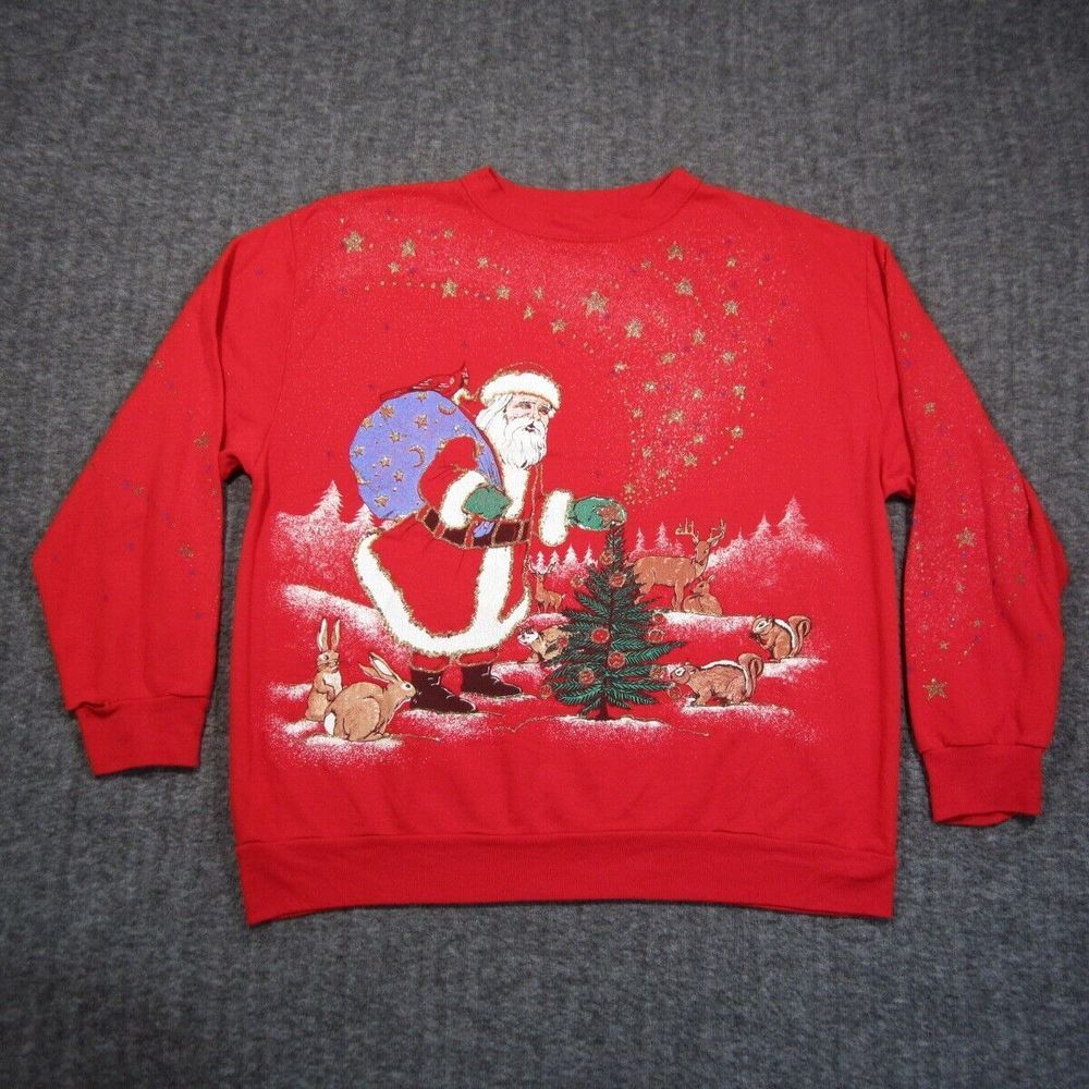 Vtg Santa Sweatshirt Womens L Red Glitter Christmas Holiday Time Fleece 90s USA